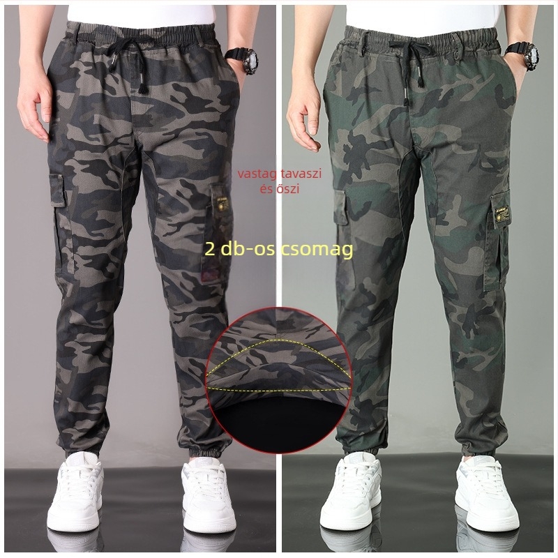 Pamut kamufláž munkás-nadrág, egyenes szabás, középmagas derék, több zseb, tavasz–őszre