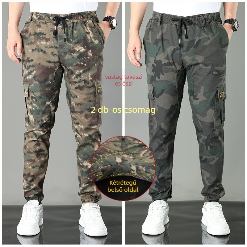 Pamut kamufláž munkás-nadrág, egyenes szabás, középmagas derék, több zseb, tavasz–őszre