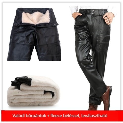 Férfiak számára valódi bőrnadrág téli viselethez, magas derekú, egyenes szabású, shearling bélésű, vastagított, motoros stílusú