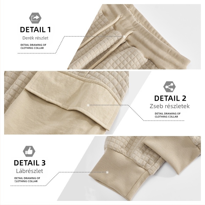 Férfiak szabadidő-munkanadrág, lazán szabott fazon, jacquard apró négyzetek mintázattal, rugalmas poliészter anyag, több zsebbel