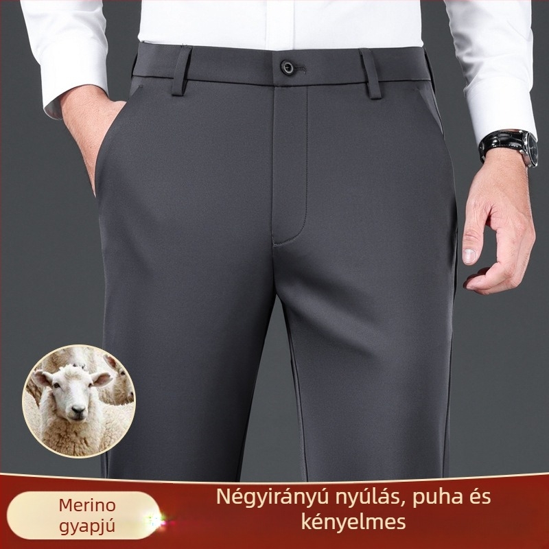 Férfi üzleti-casual egyenes nadrág, vastag anyag, antibakteriális, magas rugalmasság, téli viselet