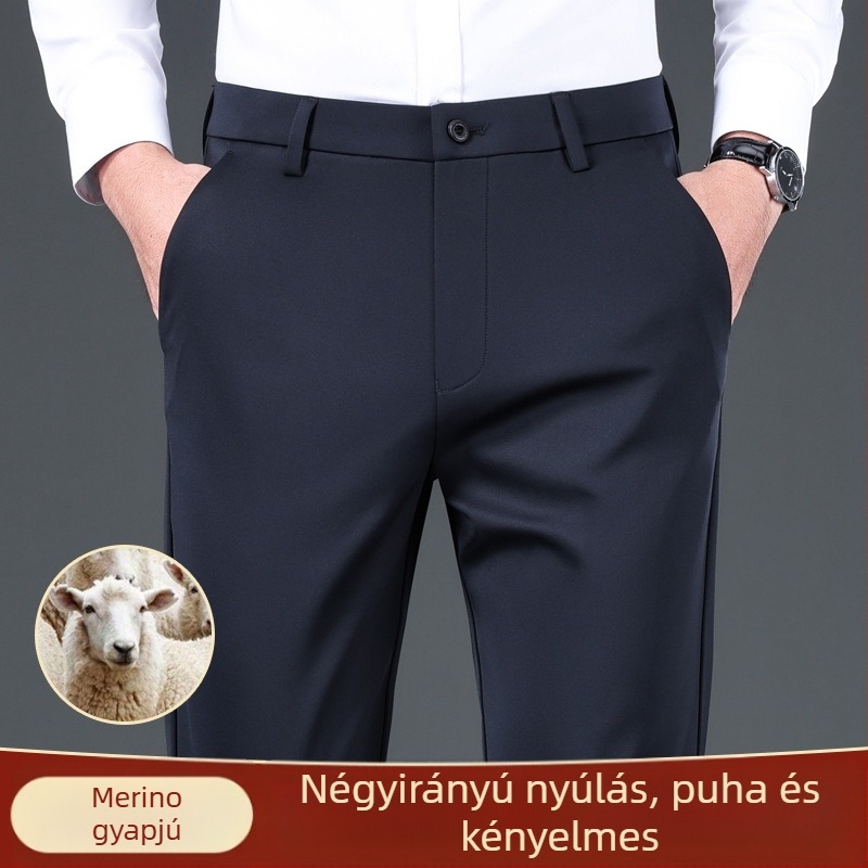 Férfi üzleti-casual egyenes nadrág, vastag anyag, antibakteriális, magas rugalmasság, téli viselet
