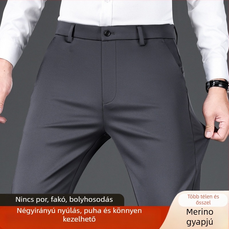 Férfi üzleti-casual egyenes nadrág, vastag anyag, antibakteriális, magas rugalmasság, téli viselet