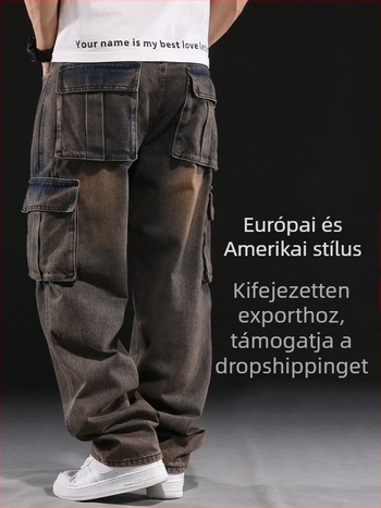 Férfiaknak készült farmernadrág, több zsebbel, széles szárú, középmagas derék, pamut denim, cipzáros záródás