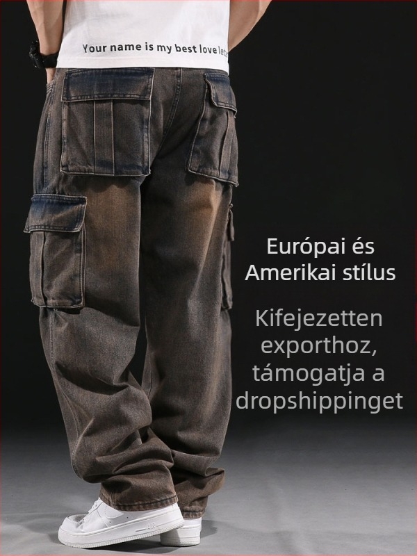 Férfiaknak készült farmernadrág, több zsebbel, széles szárú, középmagas derék, pamut denim, cipzáros záródás
