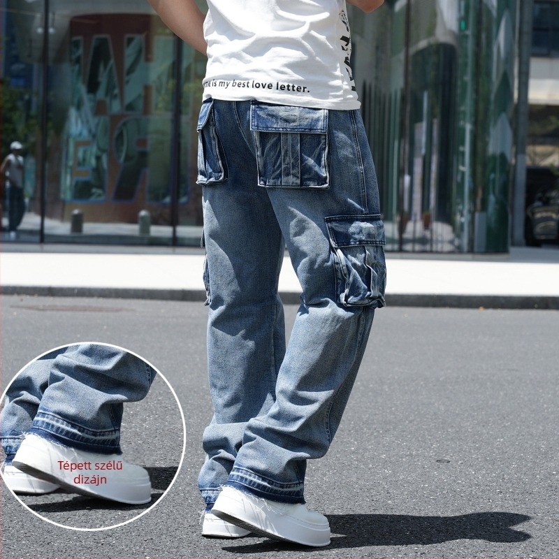 Férfiaknak készült farmernadrág, több zsebbel, széles szárú, középmagas derék, pamut denim, cipzáros záródás