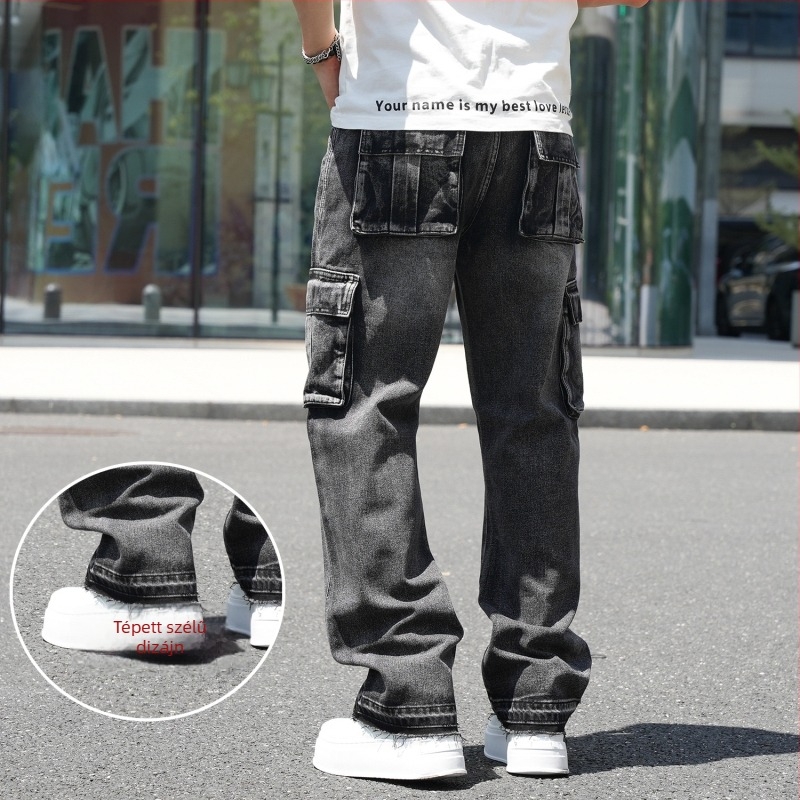 Férfiaknak készült farmernadrág, több zsebbel, széles szárú, középmagas derék, pamut denim, cipzáros záródás