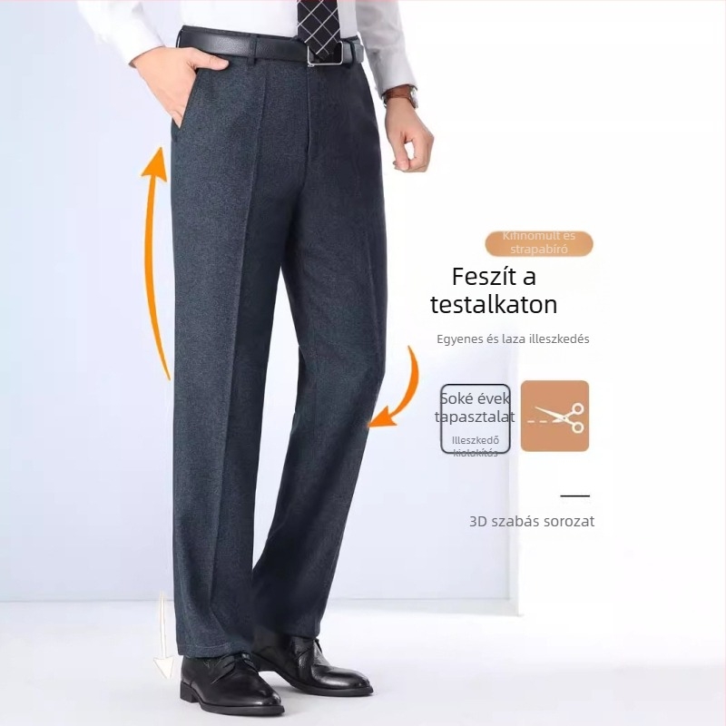Férfi gyapjú nadrág egyenes szabású, üzleti formális stílus, 85% gyapjú, vasalás nélkül, téli viselet