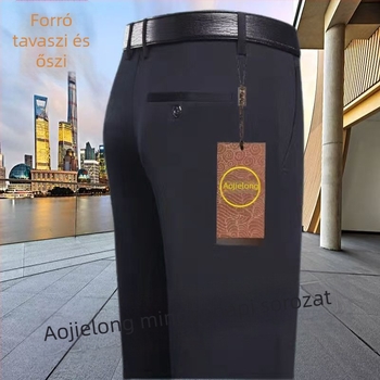 Mindennapi egyenes nadrág középkorú férfiaknak, magas elasztikusságú, pamut–polyészter keverék anyag, 90% poliészter, cipzáras zárás, magas derék