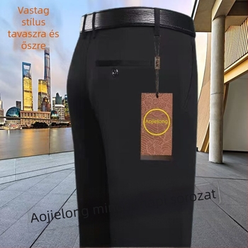 Mindennapi egyenes nadrág középkorú férfiaknak, magas elasztikusságú, pamut–polyészter keverék anyag, 90% poliészter, cipzáras zárás, magas derék