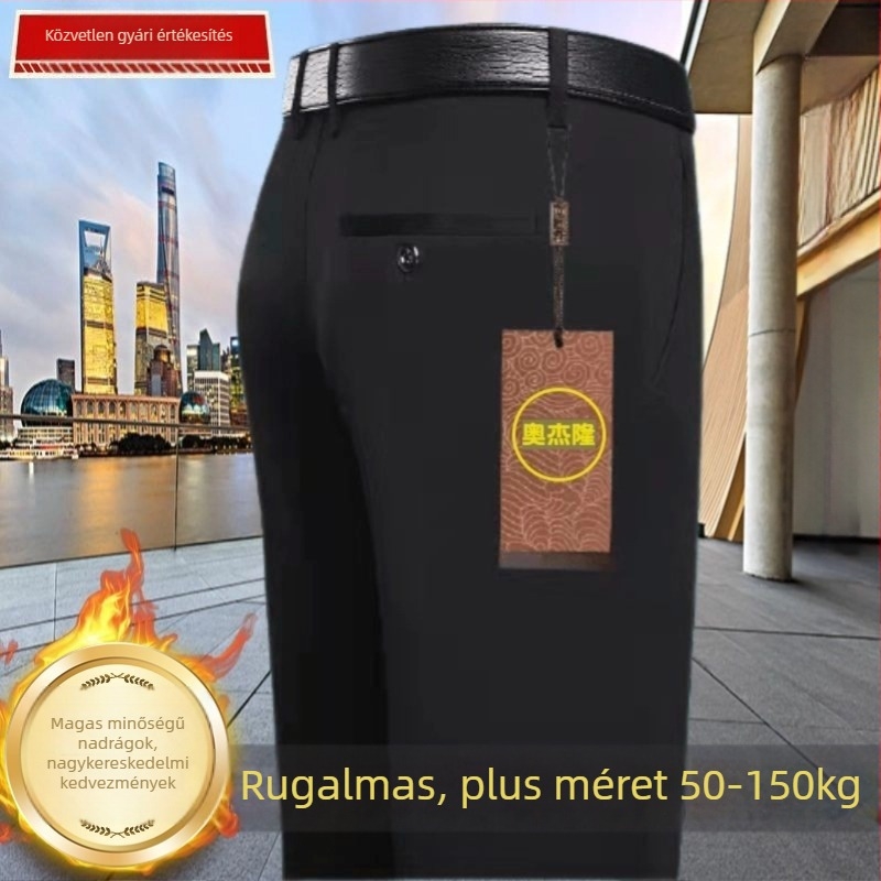 Mindennapi egyenes nadrág középkorú férfiaknak, magas elasztikusságú, pamut–polyészter keverék anyag, 90% poliészter, cipzáras zárás, magas derék