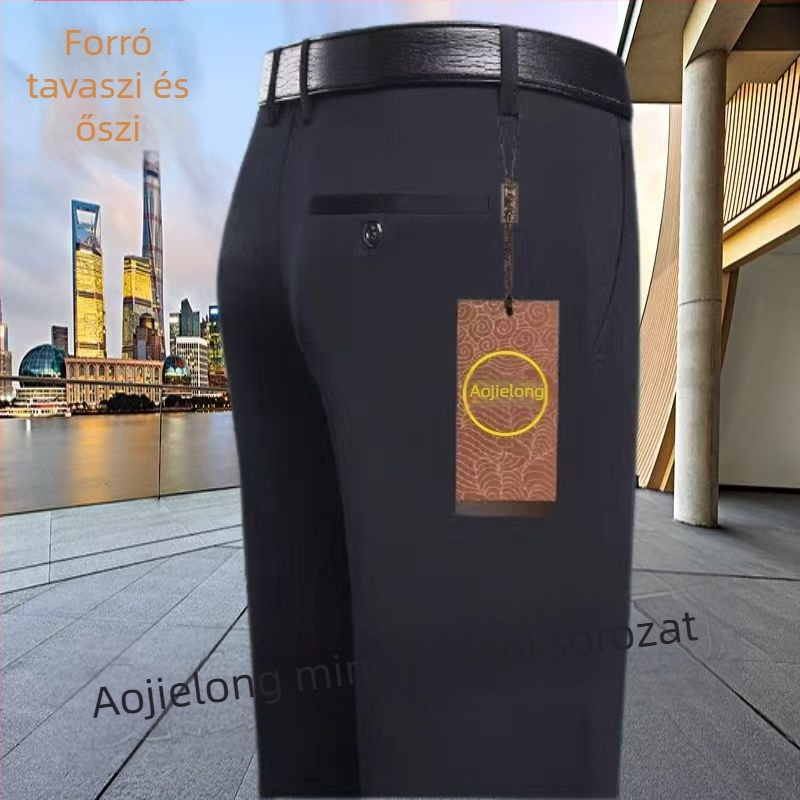 Mindennapi egyenes nadrág középkorú férfiaknak, magas elasztikusságú, pamut–polyészter keverék anyag, 90% poliészter, cipzáras zárás, magas derék
