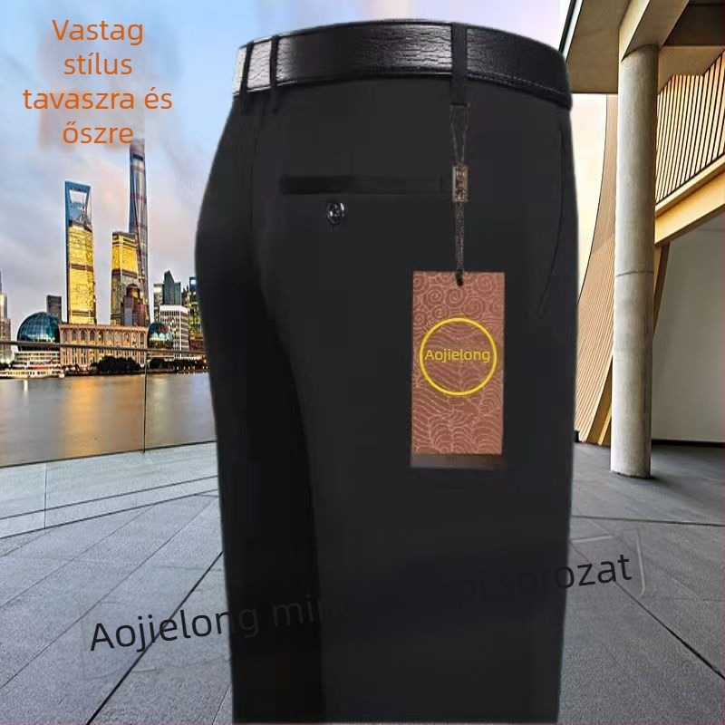 Mindennapi egyenes nadrág középkorú férfiaknak, magas elasztikusságú, pamut–polyészter keverék anyag, 90% poliészter, cipzáras zárás, magas derék