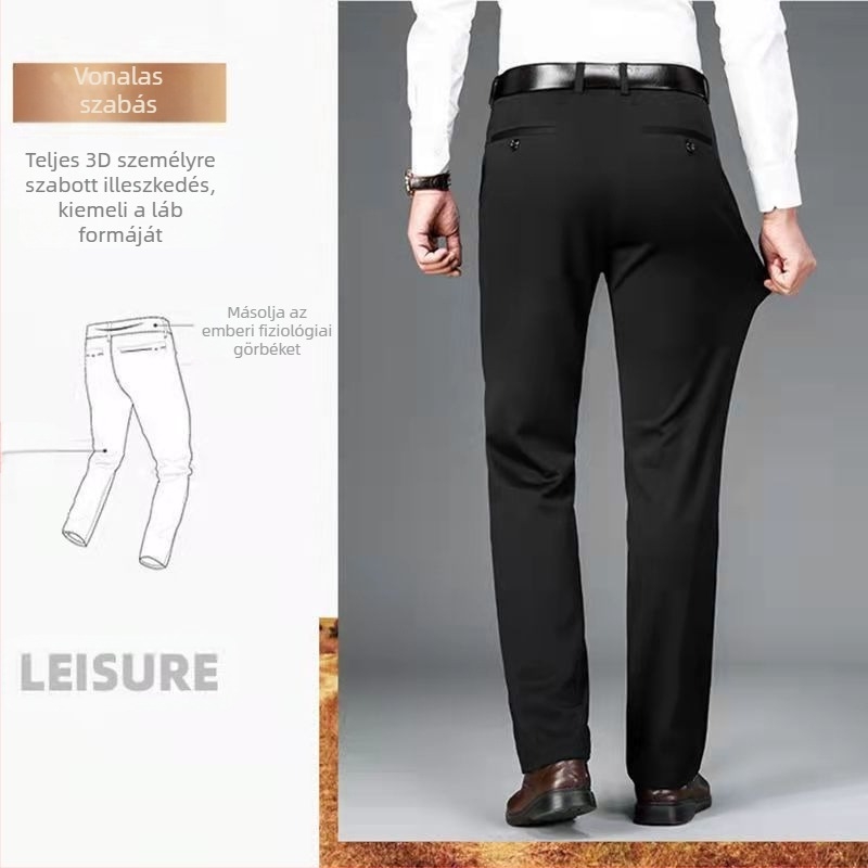 Mindennapi egyenes nadrág középkorú férfiaknak, magas elasztikusságú, pamut–polyészter keverék anyag, 90% poliészter, cipzáras zárás, magas derék