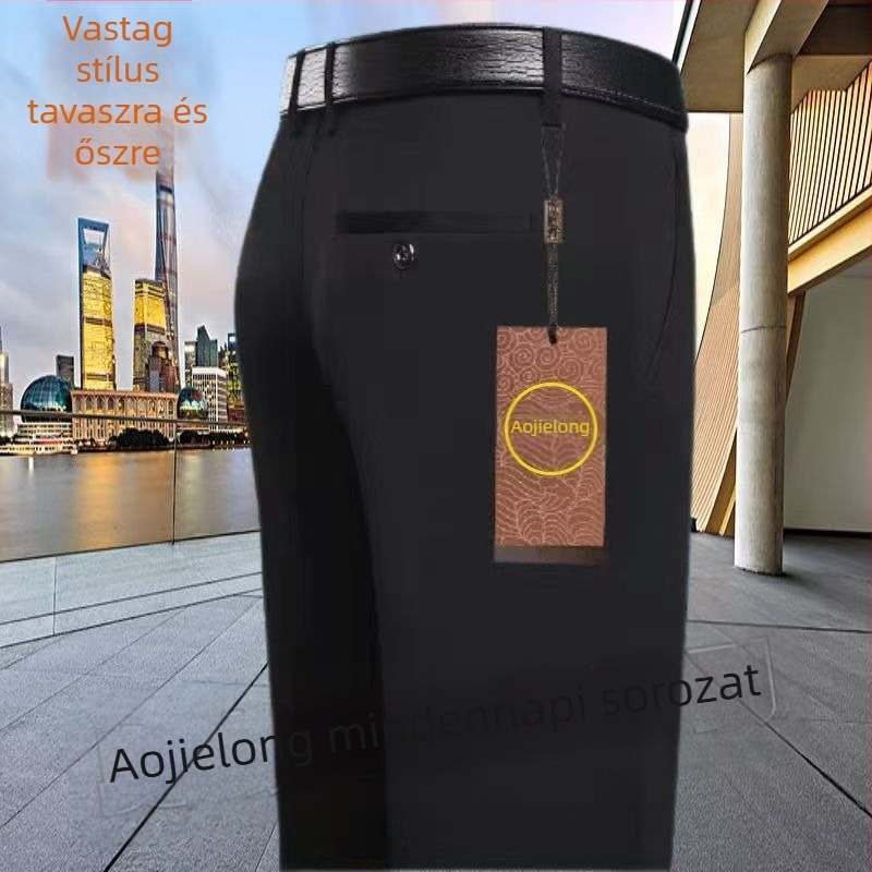 Mindennapi egyenes nadrág középkorú férfiaknak, magas elasztikusságú, pamut–polyészter keverék anyag, 90% poliészter, cipzáras zárás, magas derék