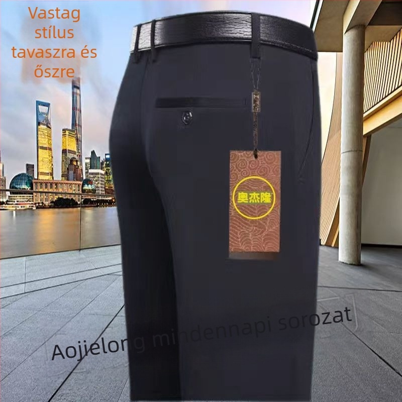 Mindennapi egyenes nadrág középkorú férfiaknak, magas elasztikusságú, pamut–polyészter keverék anyag, 90% poliészter, cipzáras zárás, magas derék