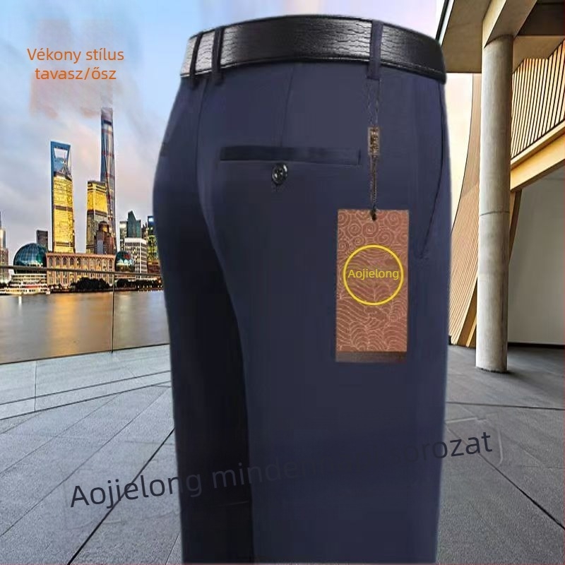 Mindennapi egyenes nadrág középkorú férfiaknak, magas elasztikusságú, pamut–polyészter keverék anyag, 90% poliészter, cipzáras zárás, magas derék