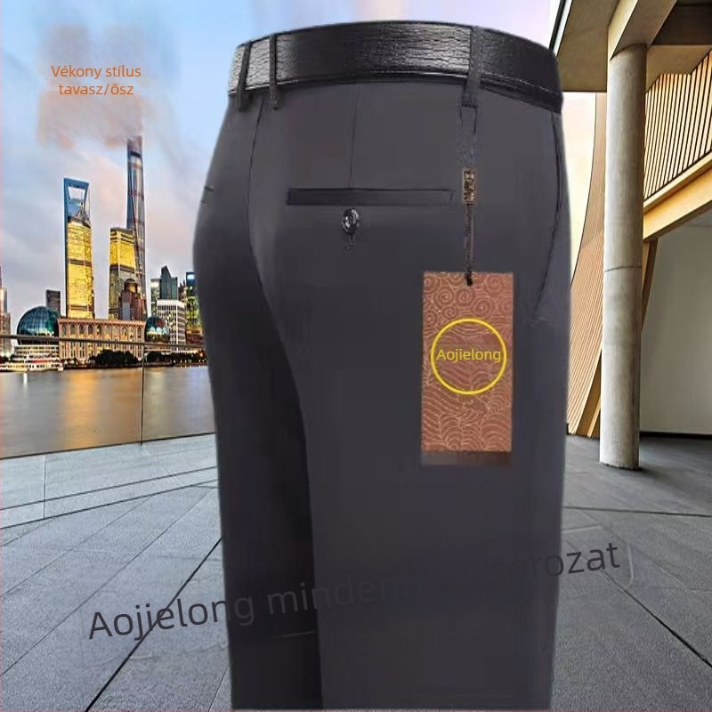 Mindennapi egyenes nadrág középkorú férfiaknak, magas elasztikusságú, pamut–polyészter keverék anyag, 90% poliészter, cipzáras zárás, magas derék