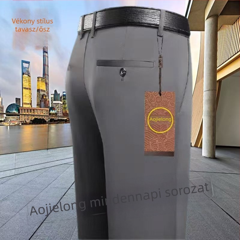 Mindennapi egyenes nadrág középkorú férfiaknak, magas elasztikusságú, pamut–polyészter keverék anyag, 90% poliészter, cipzáras zárás, magas derék