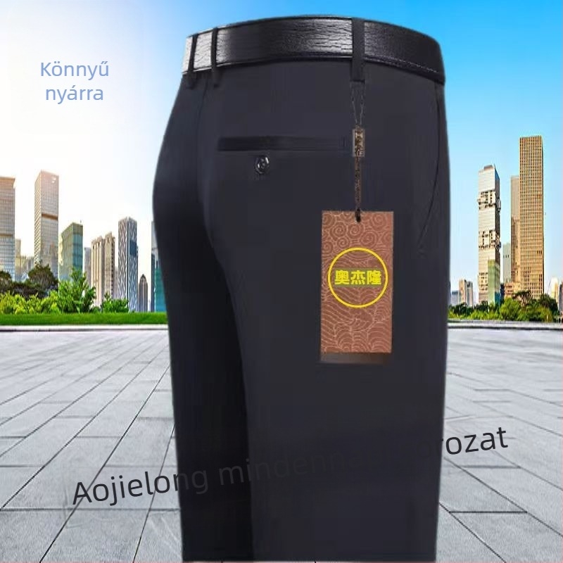 Mindennapi egyenes nadrág középkorú férfiaknak, magas elasztikusságú, pamut–polyészter keverék anyag, 90% poliészter, cipzáras zárás, magas derék
