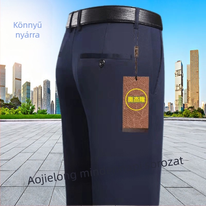 Mindennapi egyenes nadrág középkorú férfiaknak, magas elasztikusságú, pamut–polyészter keverék anyag, 90% poliészter, cipzáras zárás, magas derék