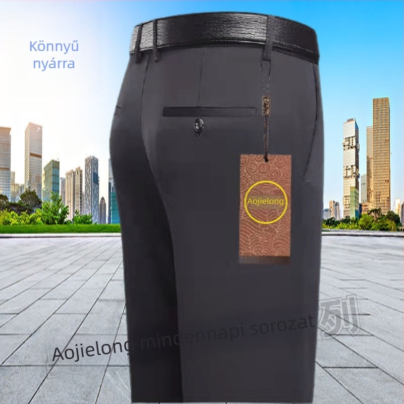 Mindennapi egyenes nadrág középkorú férfiaknak, magas elasztikusságú, pamut–polyészter keverék anyag, 90% poliészter, cipzáras zárás, magas derék
