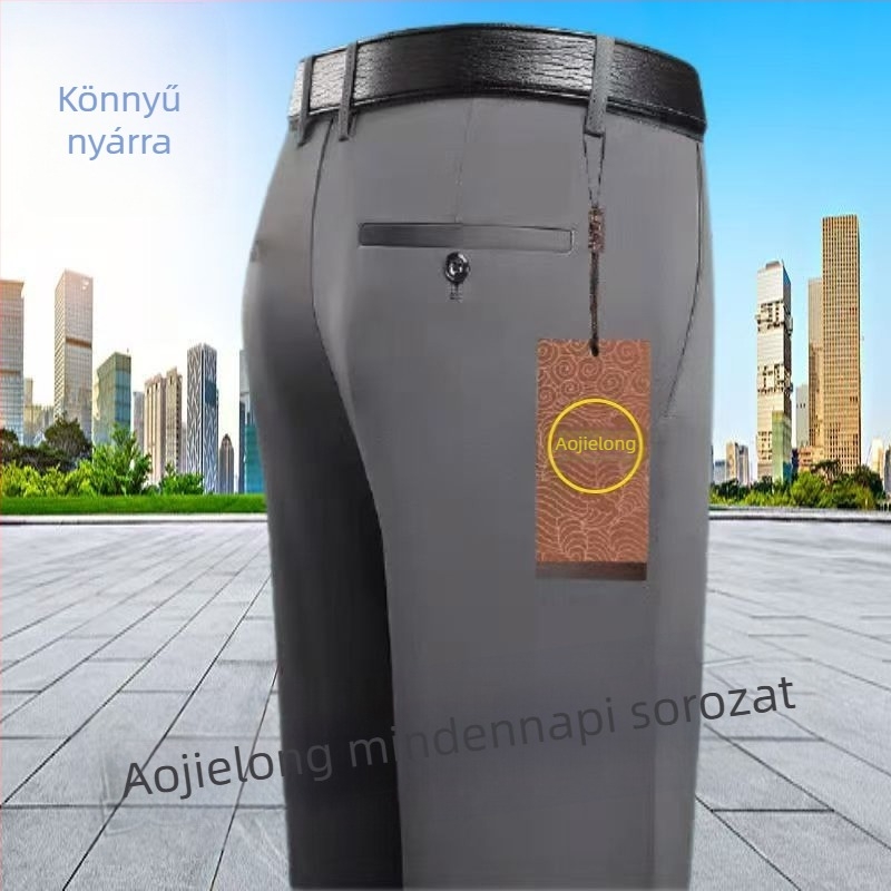 Mindennapi egyenes nadrág középkorú férfiaknak, magas elasztikusságú, pamut–polyészter keverék anyag, 90% poliészter, cipzáras zárás, magas derék