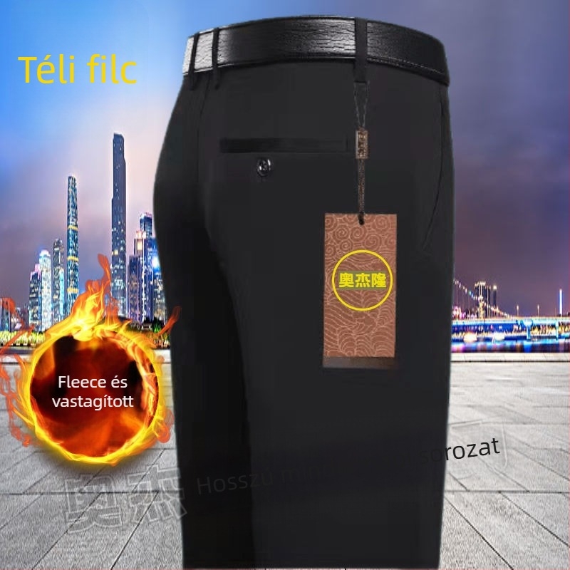 Mindennapi egyenes nadrág középkorú férfiaknak, magas elasztikusságú, pamut–polyészter keverék anyag, 90% poliészter, cipzáras zárás, magas derék