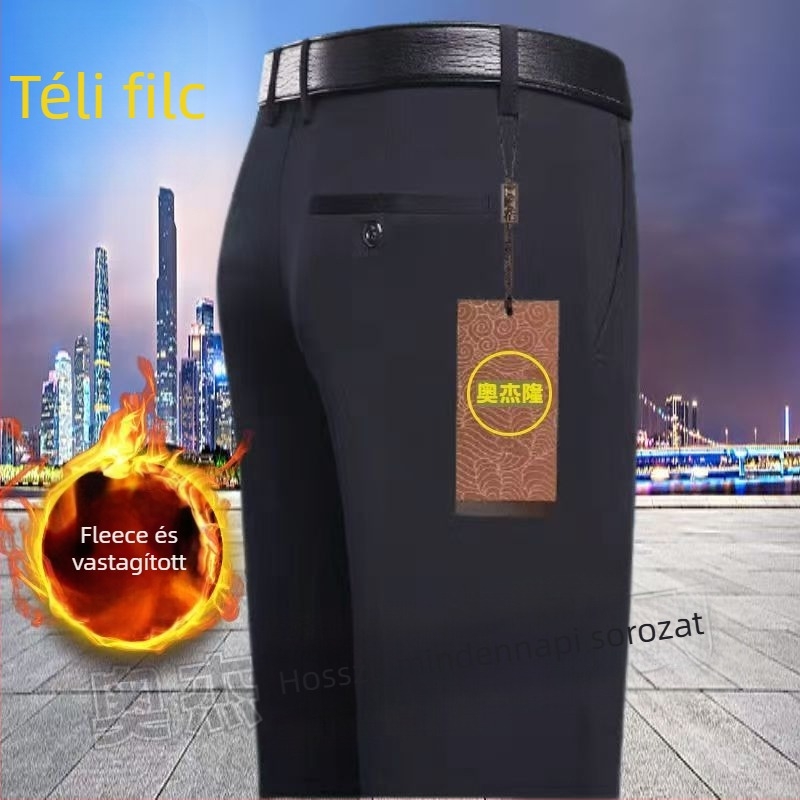 Mindennapi egyenes nadrág középkorú férfiaknak, magas elasztikusságú, pamut–polyészter keverék anyag, 90% poliészter, cipzáras zárás, magas derék