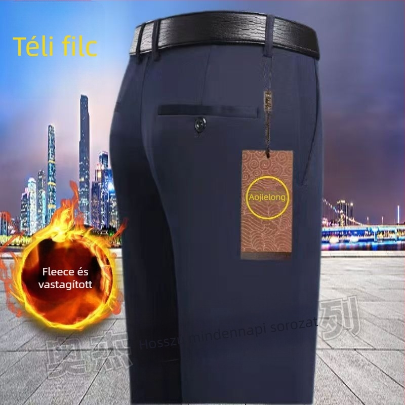 Mindennapi egyenes nadrág középkorú férfiaknak, magas elasztikusságú, pamut–polyészter keverék anyag, 90% poliészter, cipzáras zárás, magas derék