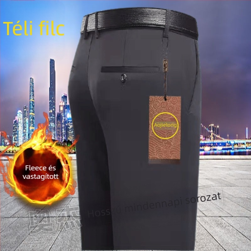 Mindennapi egyenes nadrág középkorú férfiaknak, magas elasztikusságú, pamut–polyészter keverék anyag, 90% poliészter, cipzáras zárás, magas derék