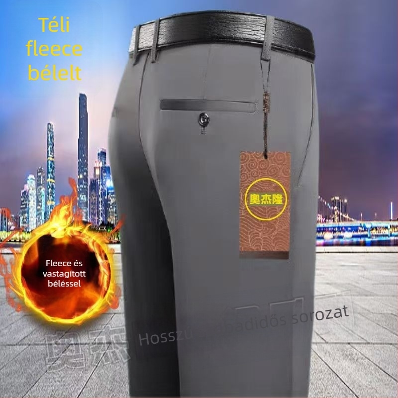 Mindennapi egyenes nadrág középkorú férfiaknak, magas elasztikusságú, pamut–polyészter keverék anyag, 90% poliészter, cipzáras zárás, magas derék