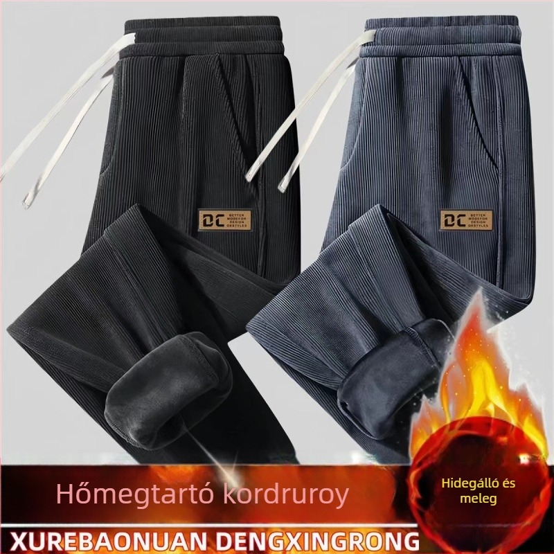 Kordbársony férfi nadrág fleece-béléssel, téli sportos-napi viselet, lazán szabott, középső derekú, mintás betűkkel