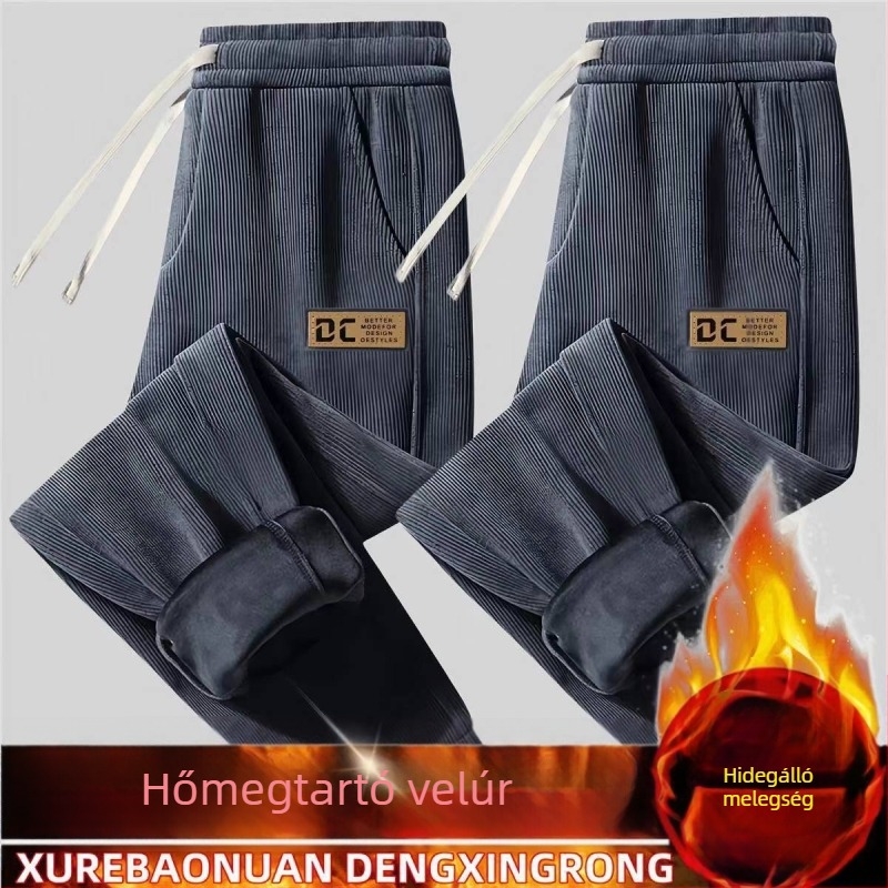 Kordbársony férfi nadrág fleece-béléssel, téli sportos-napi viselet, lazán szabott, középső derekú, mintás betűkkel