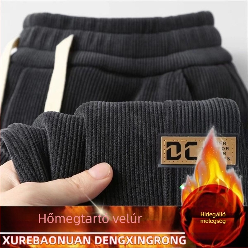 Kordbársony férfi nadrág fleece-béléssel, téli sportos-napi viselet, lazán szabott, középső derekú, mintás betűkkel