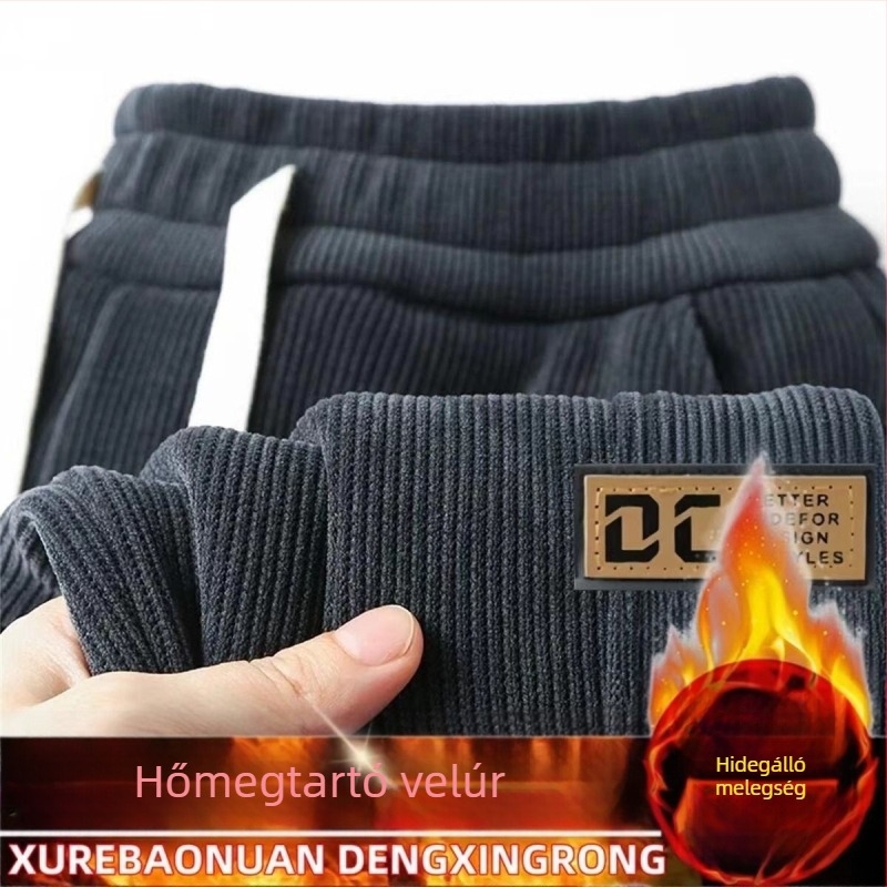 Kordbársony férfi nadrág fleece-béléssel, téli sportos-napi viselet, lazán szabott, középső derekú, mintás betűkkel