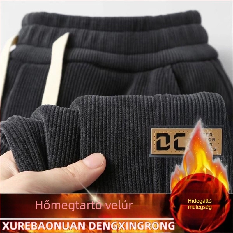 Kordbársony férfi nadrág fleece-béléssel, téli sportos-napi viselet, lazán szabott, középső derekú, mintás betűkkel