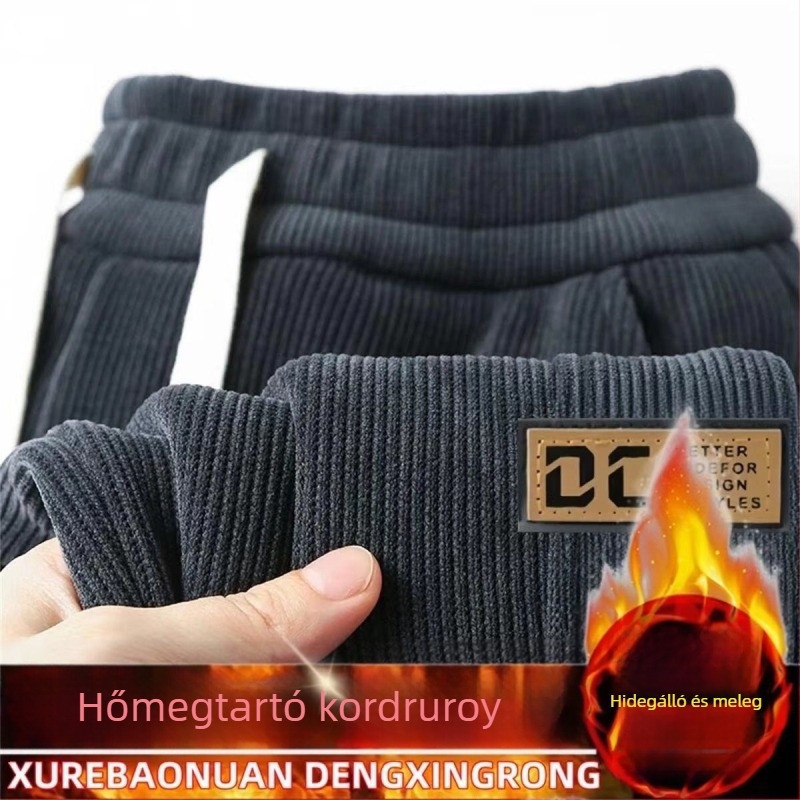 Kordbársony férfi nadrág fleece-béléssel, téli sportos-napi viselet, lazán szabott, középső derekú, mintás betűkkel