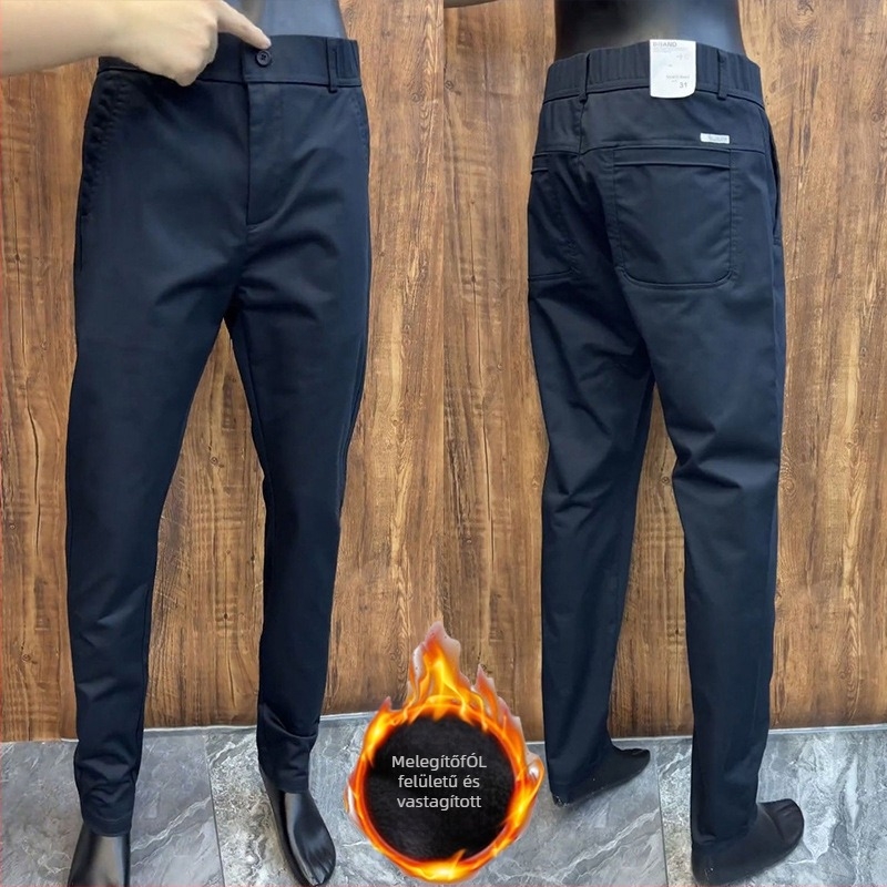 Férfi üzleti casual nadrág, egyenes szár, középmagas derék, cipzár, pamut-elasztán keverék, elasztikus
