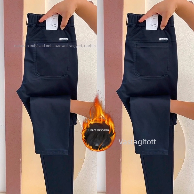 Férfi üzleti casual nadrág, egyenes szár, középmagas derék, cipzár, pamut-elasztán keverék, elasztikus