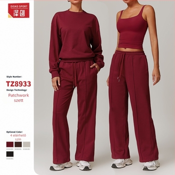 Női mindennapos sportos szett: hosszúujjú felső és magasderékú, széles szárú nadrág, futáshoz és edzéshez; anyag: 78% nylon, 22% elasztán; egyszínű.