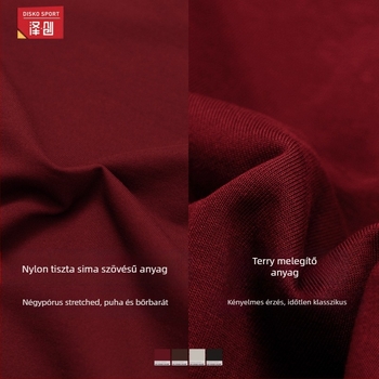 Női mindennapos sportos szett: hosszúujjú felső és magasderékú, széles szárú nadrág, futáshoz és edzéshez; anyag: 78% nylon, 22% elasztán; egyszínű.