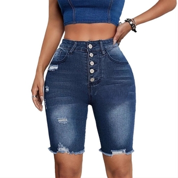 Női farmernadrág, magas derekú, retro stílusú, szakított éllel, szoros fazon, pamut-poliészter 70–80% pamut