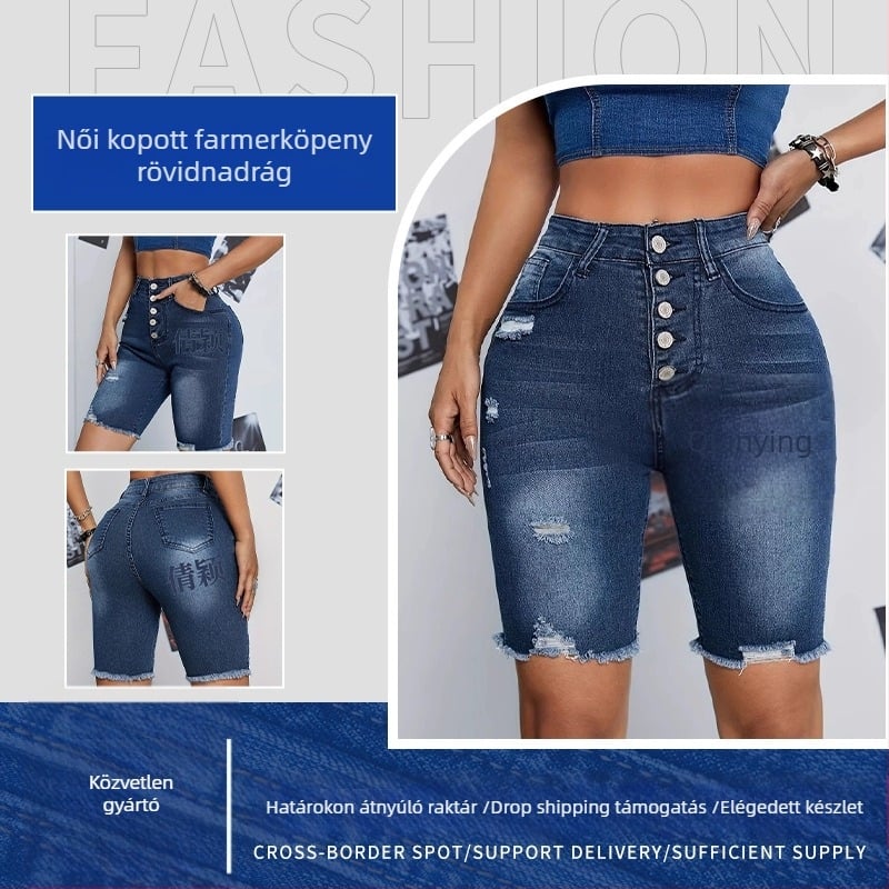 Női farmernadrág, magas derekú, retro stílusú, szakított éllel, szoros fazon, pamut-poliészter 70–80% pamut