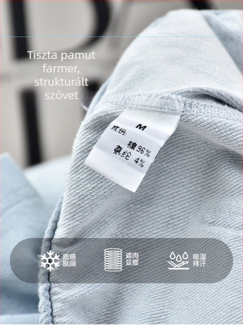 Női tiszta pamut farmer rövidnadrág, magas derék, háromnegyedes hossz, homokos mosás, mikroelasztikus