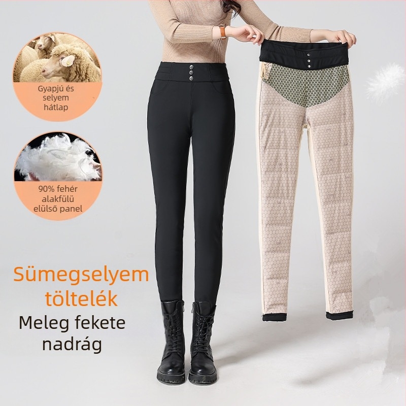Női libatollas nadrág, beépített fleece, téli, magas derék, szoros szabás, poliészter-spandex anyag