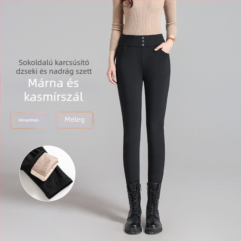 Női libatollas nadrág, beépített fleece, téli, magas derék, szoros szabás, poliészter-spandex anyag