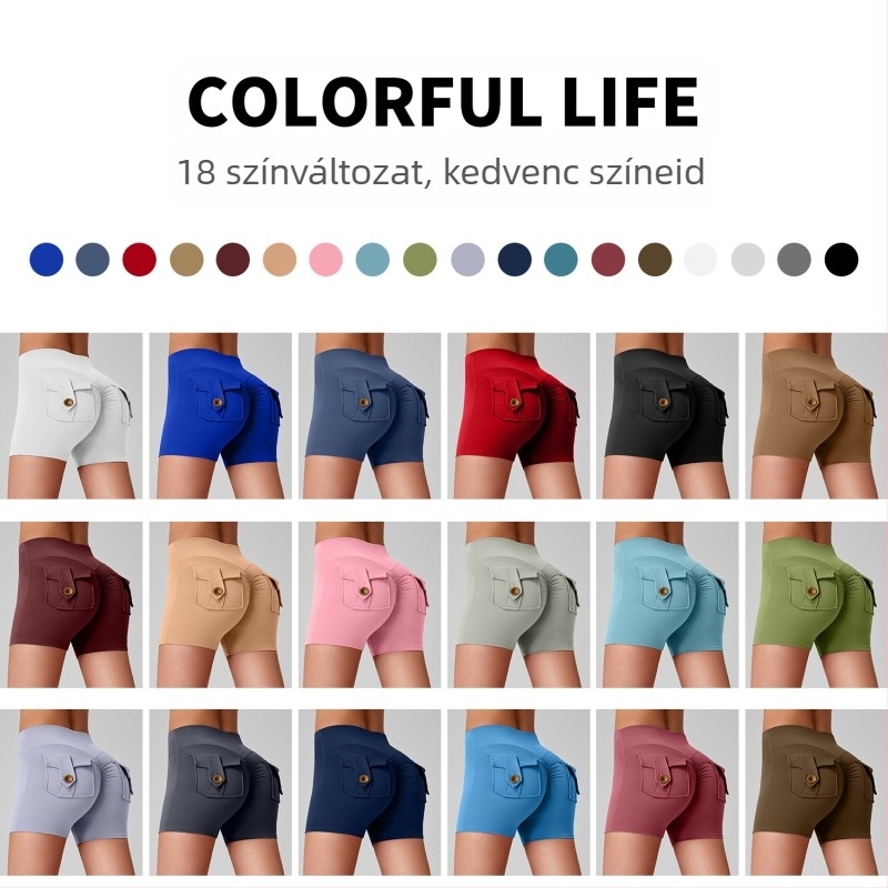 Női nylon sportshortok zsebekkel, nedvszívó funkció, magas derék, farizmokat formázó hatás, testhezálló