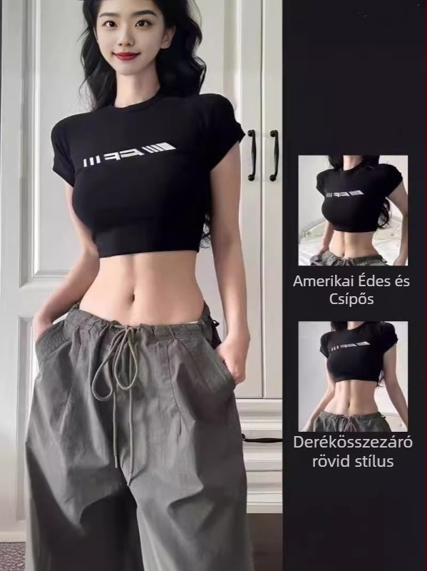 Női rövid ujjú póló, kerek nyak, szövegnyomás, poliészter, slim fit