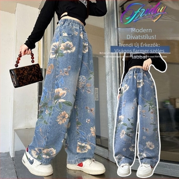 Lányoknak készült széles szárú farmernadrág, sokoldalú stílus, vinylon szálú denim